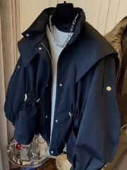 High Collar Drawstring Zip Jacket