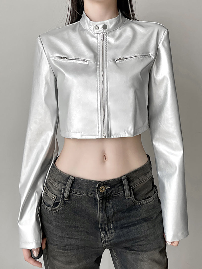 Solid Zip Up Cropped PU Leather Jacket