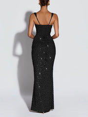 Sexy Elegant Sequin Embellished Cinched Waist Slim Maxi Dress