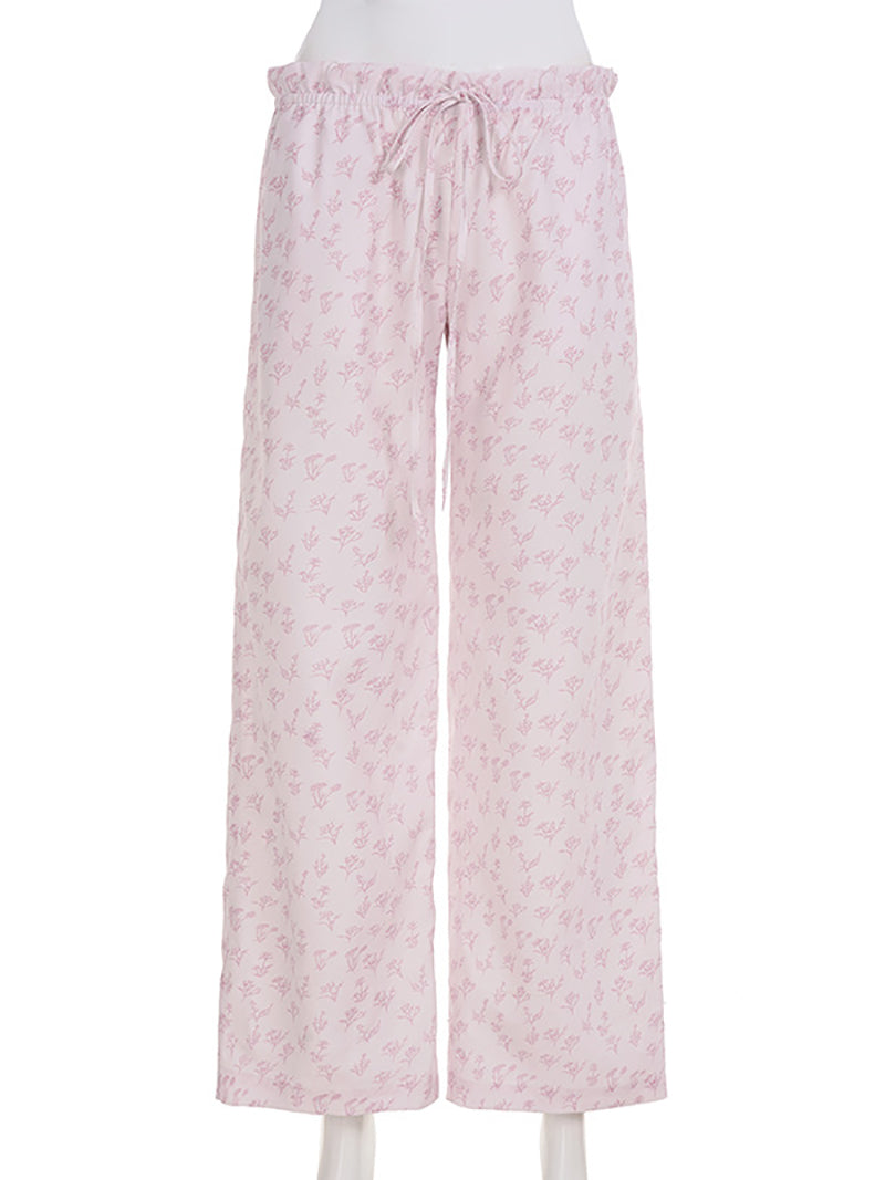 Drawstring Casual Floral Straight Trousers