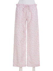 Drawstring Casual Floral Straight Trousers