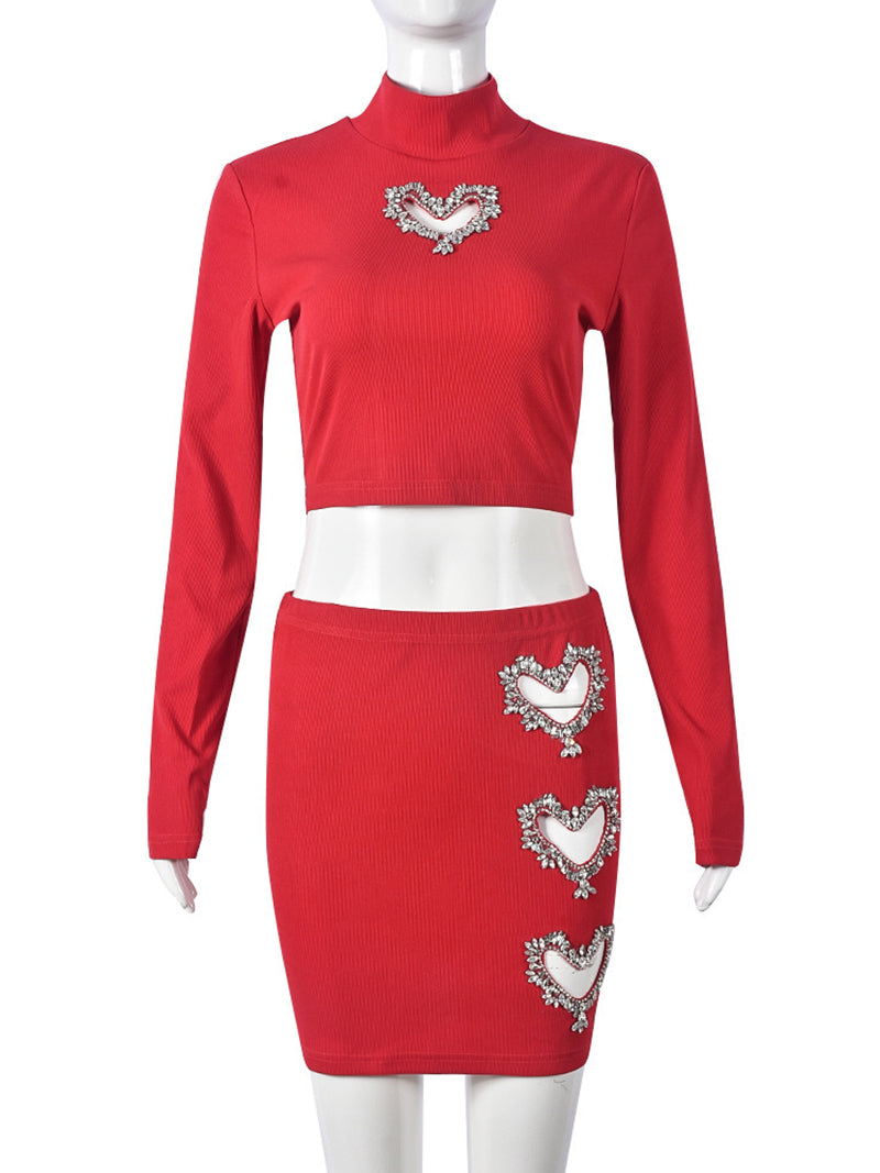 Heart-shaped Hollowed Crop Skirt Sets