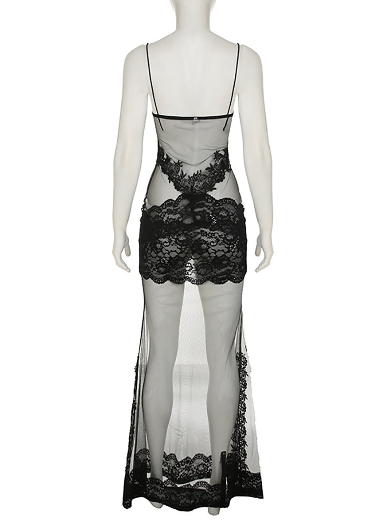 Sexy Mesh Lace Patchwork Spaghetti Strap Maxi Dress