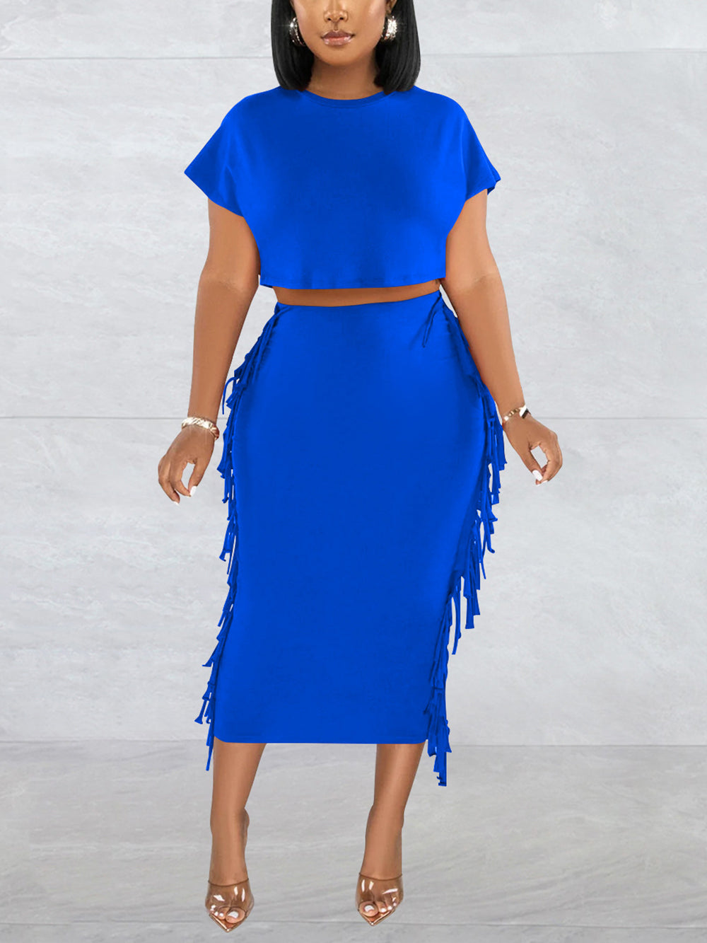 Round Neck Crop Top Tassels Skirts Casual Set