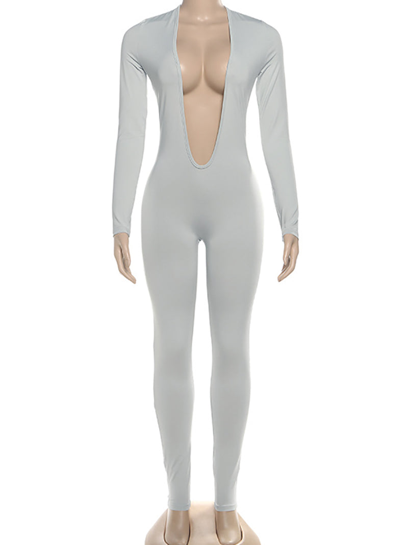 Sexy Plain Deep V Backless Tight Jumpsuit