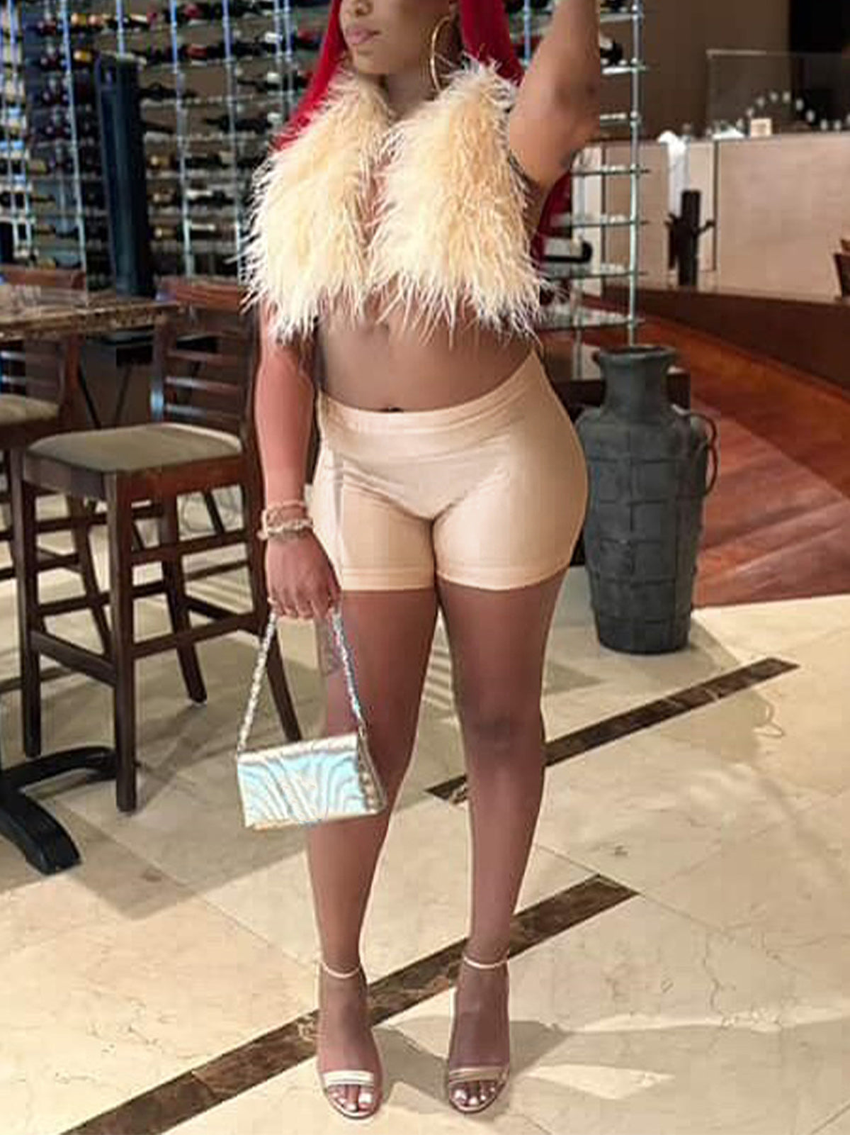 Halter Feather Backless Lace-up Shorts Club Set