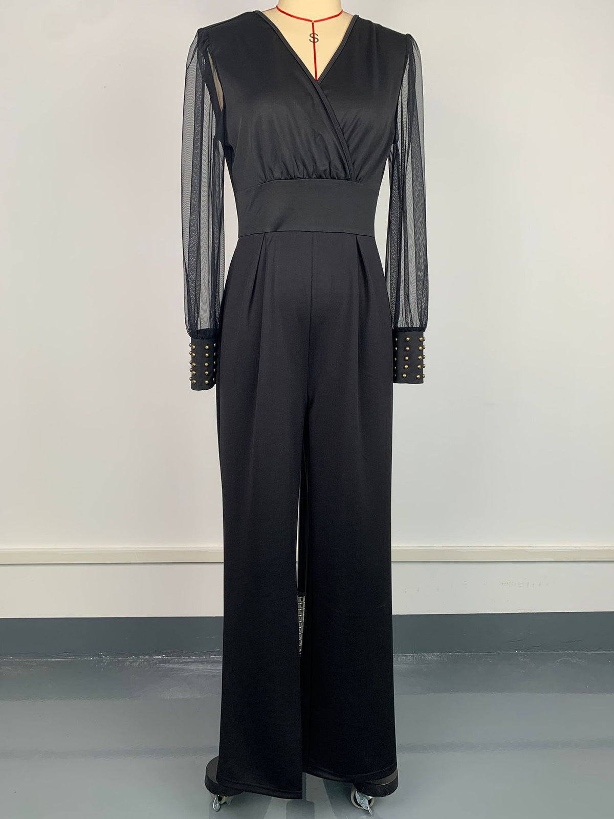 Elegant V Neck Mesh Long Sleeve Wide Leg Jumpsuit