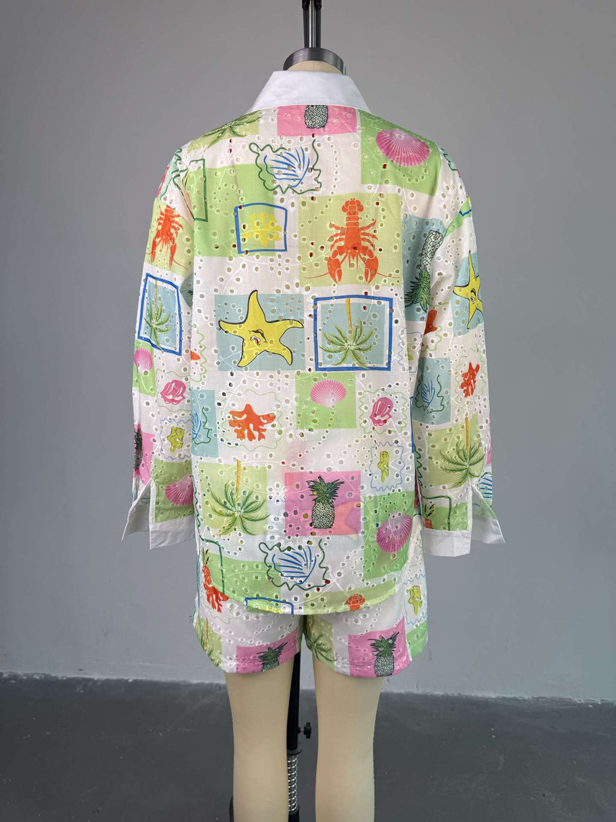 Fashion Print Hollow out Shirt Shorts Casual Set