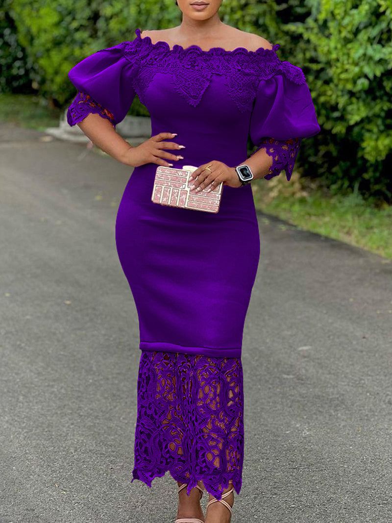 Elegant Off Shoulder Puff Sleeve Patchwork Lace Dress