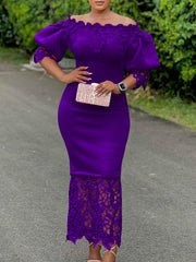 Elegant Off Shoulder Puff Sleeve Patchwork Lace Dress