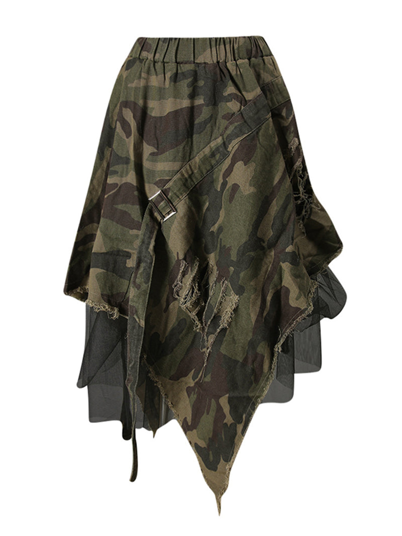 Casual Denim Patchwork Mesh Irregularity Camo Skirt