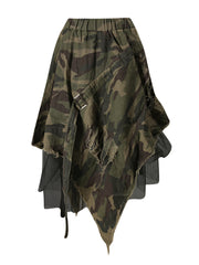 Casual Denim Patchwork Mesh Irregularity Camo Skirt