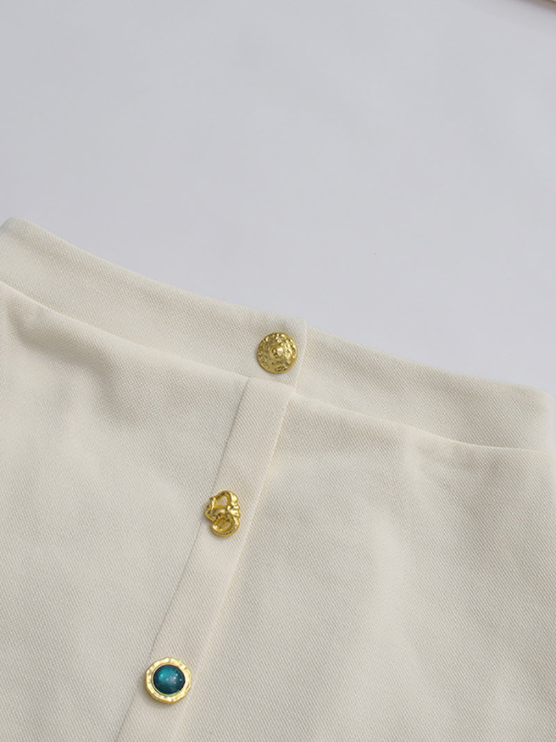 Fashion Metal Button Cardigan Top High Waist Skirt Set