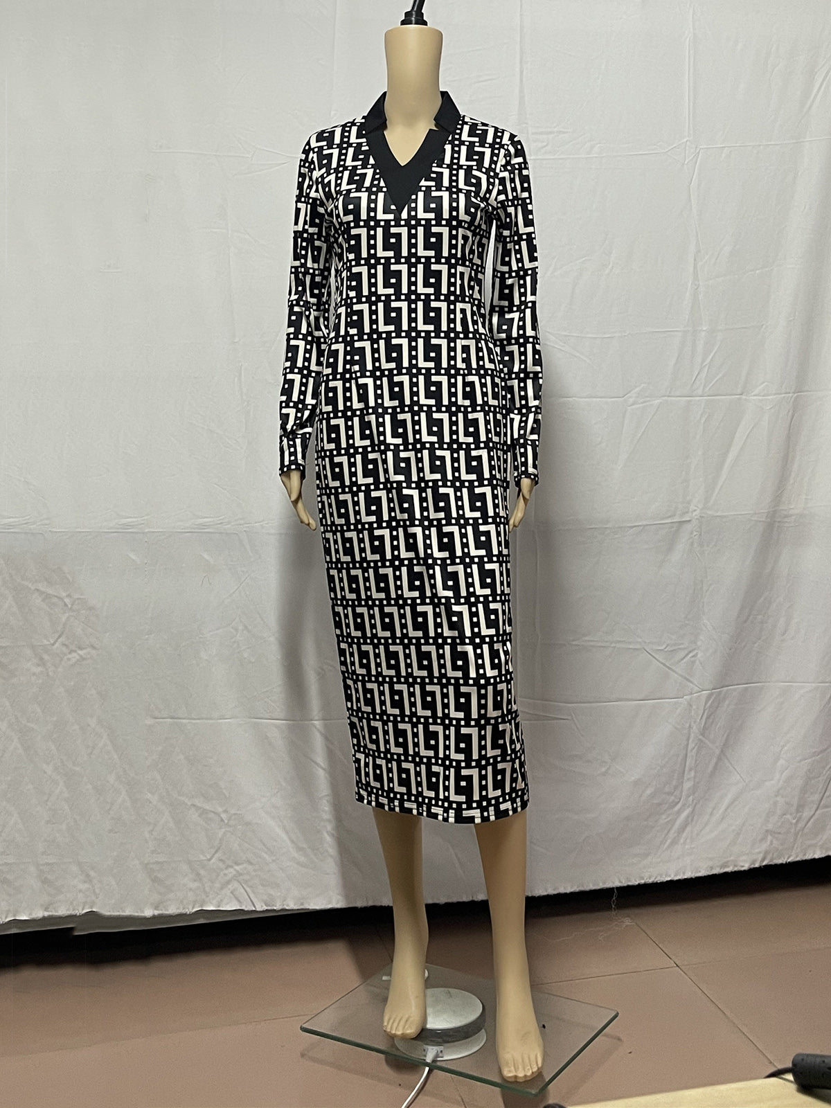 Elegant V Neck Plaid High Waist Slim Dress