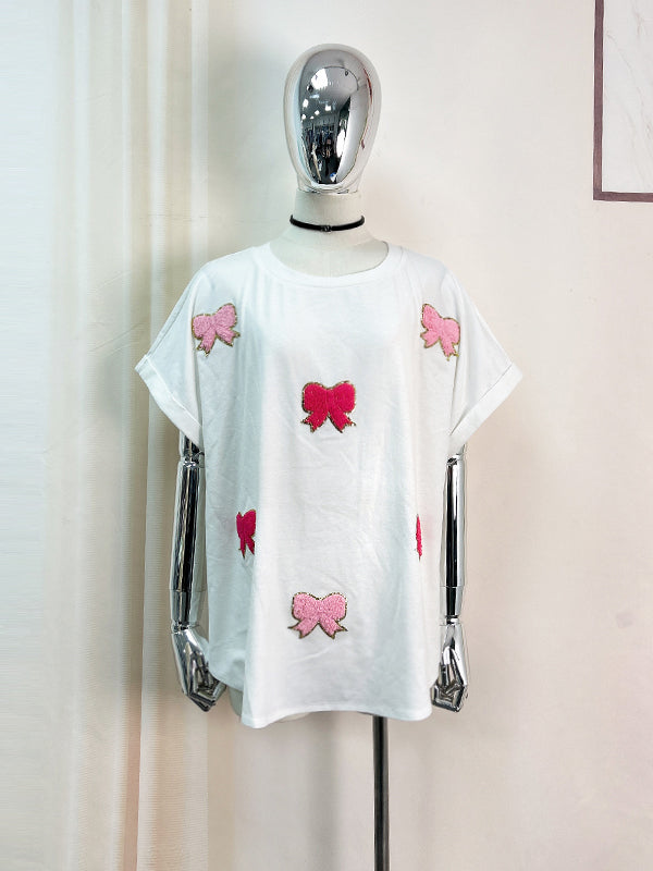 Casual Bowknot Embroider T shirt