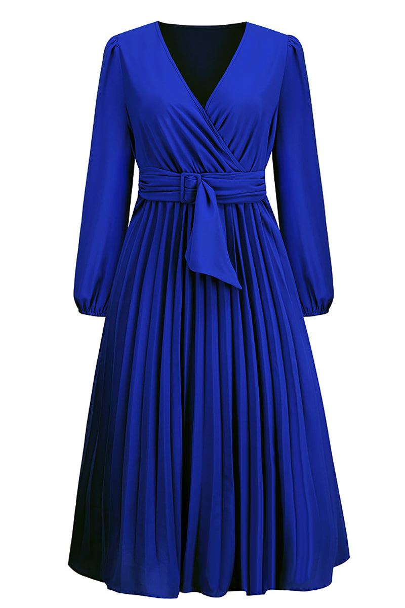 Casual Long Sleeve V-neck Slim Pleated Dress