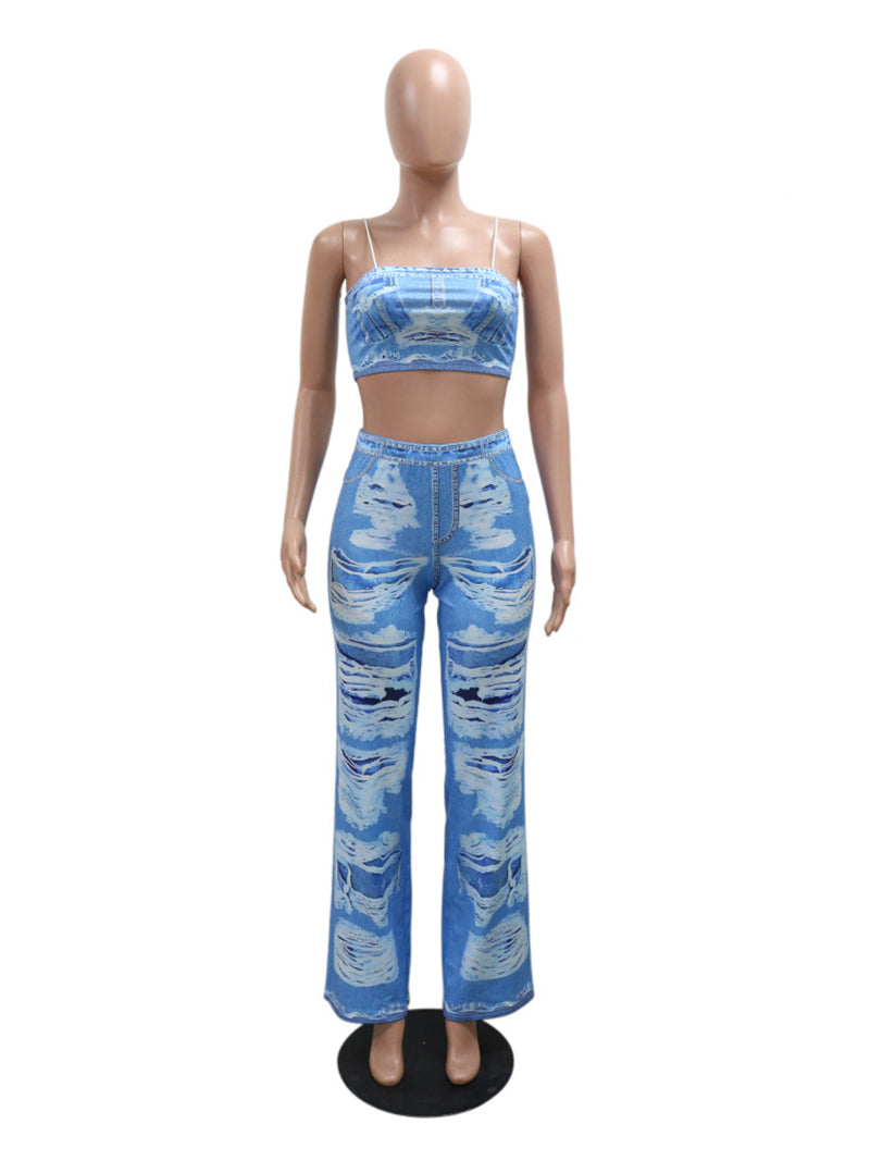 Sexy Print Patchwork Spaghetti Straps Flared Pant Sets