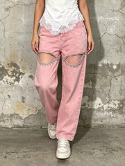 Rhinestone Cutout Wide Leg Jeans