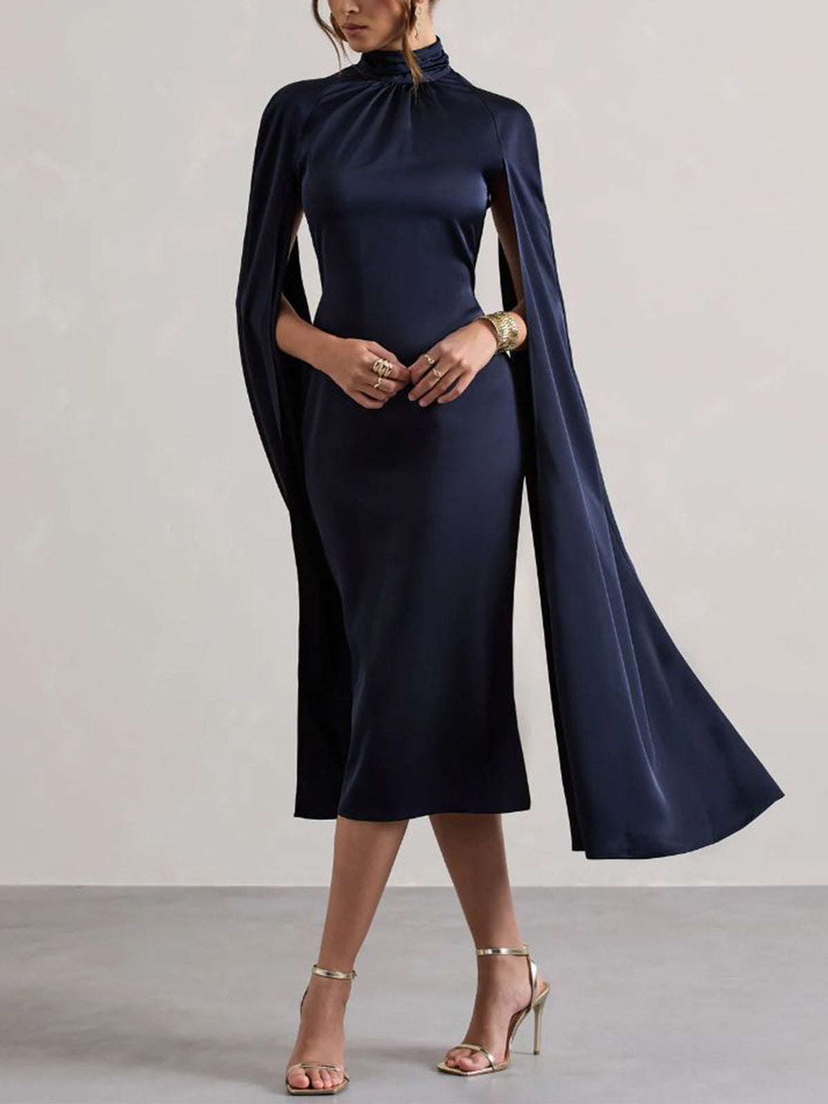 Cape Sleeves High-Neck Slim Midi Dress