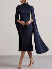 Cape Sleeves High-Neck Slim Midi Dress