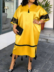 Elegant V Neck Loose Satin Midi Dress
