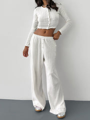 Casual Knit Crop Top Wide Leg Pants Two Piece Set