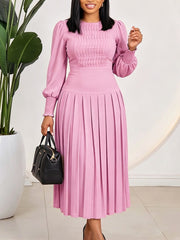 Puff Sleeve Textured Bodice Pleated Midi Dress