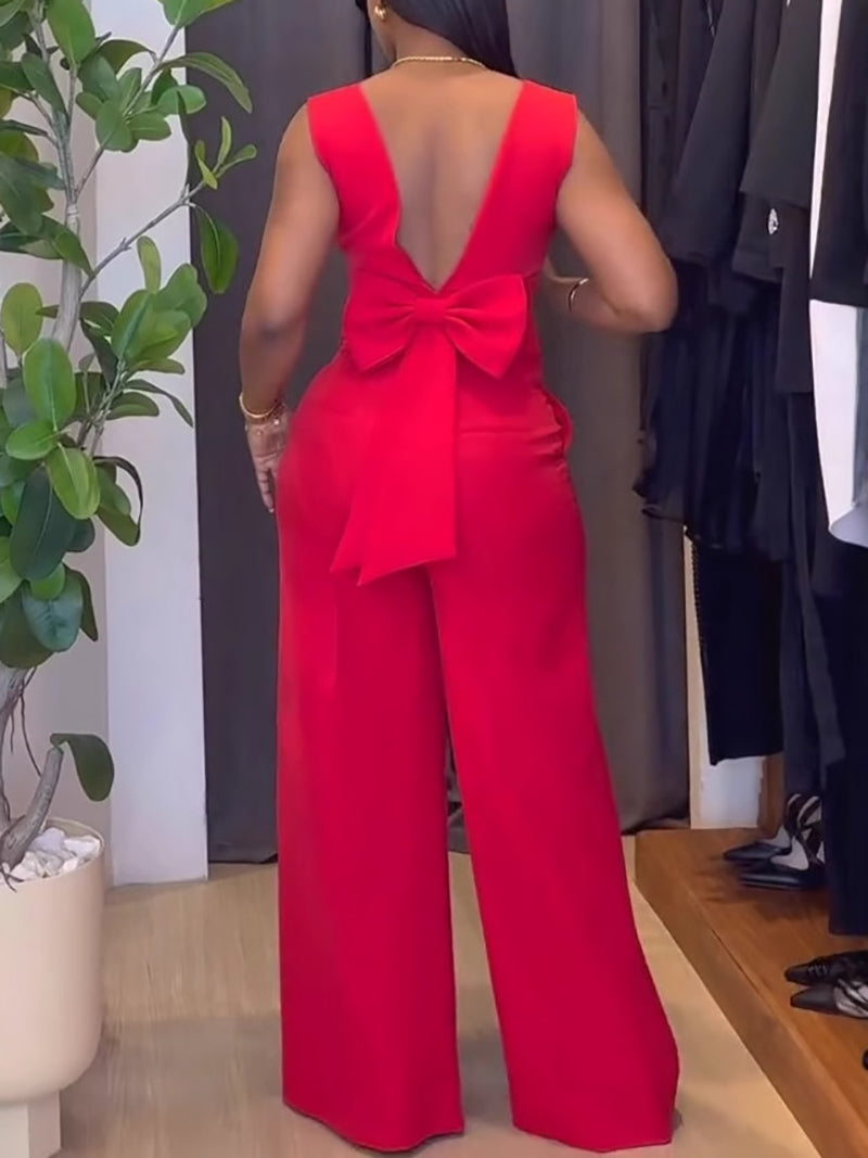 Casual V-neck Backless Bow Decor Top Straight Pants Set