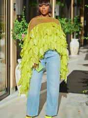 One Shoulder Tiered Ruffle Mesh Cape Top