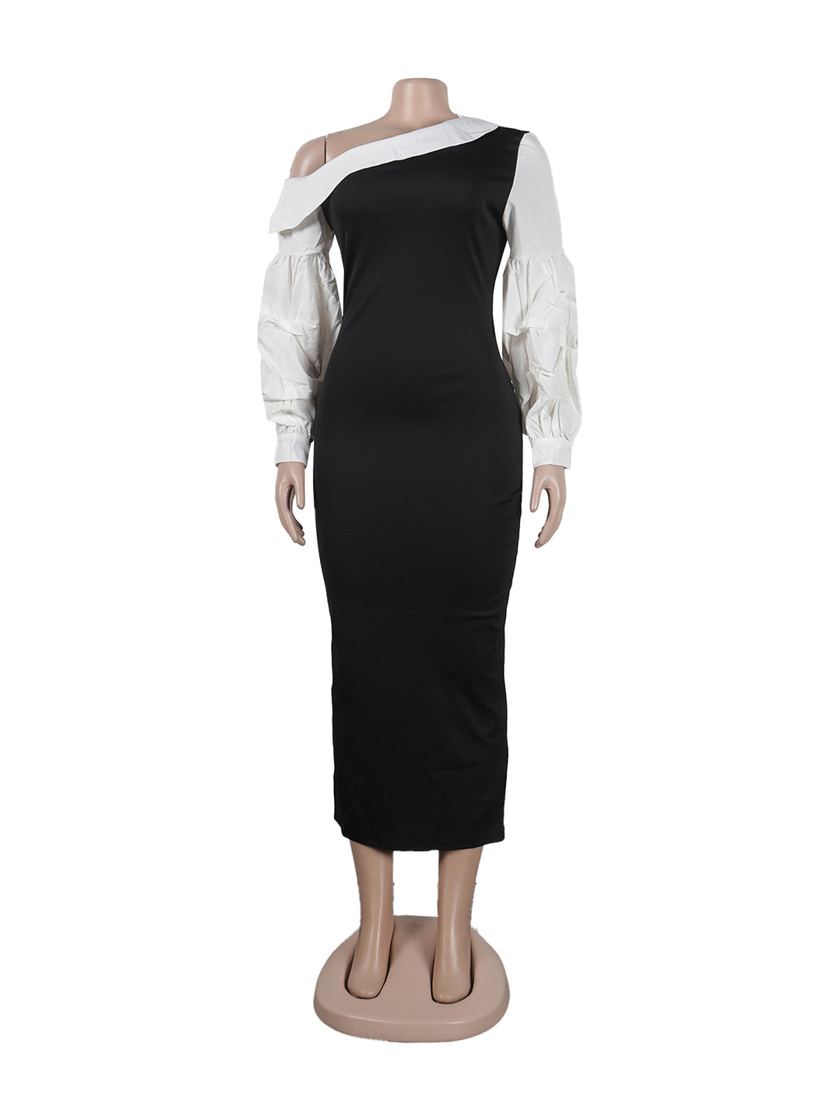 Sloping Shoulder Lantern Sleeve Mid Dress
