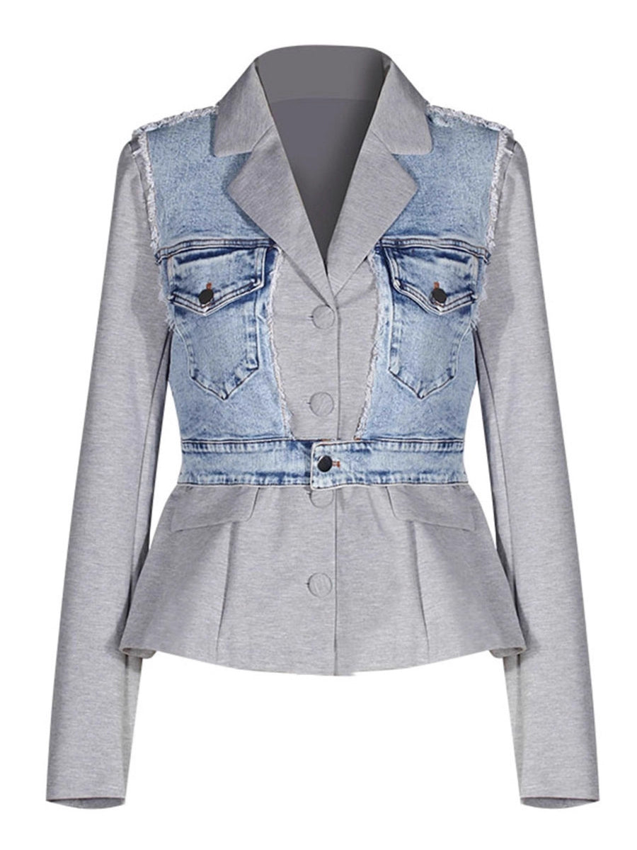 Fashion Denim Contrast Patchwork Blazer