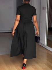 Casual Short Sleeve Cinched Waist Loose Maxi Dress
