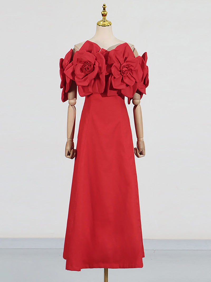 Elegant Off Shoulder Floral Applique Slim Midi Dress