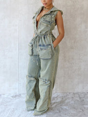 Hooded Sleeveless Pocket Casual Cargo Jumpsuit