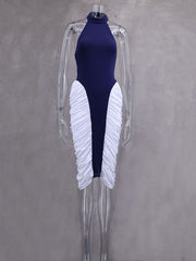 Fashion Contrast Color Halter Backless Midi Dress