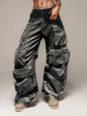 Multi-pocket Wide Leg PU Leather Pants