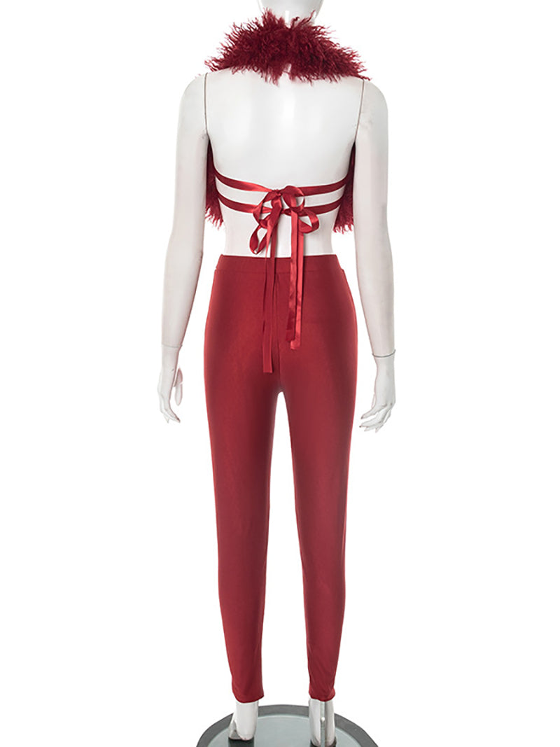 Sexy Halter Backless Lace-up Top Tight Trousers Set