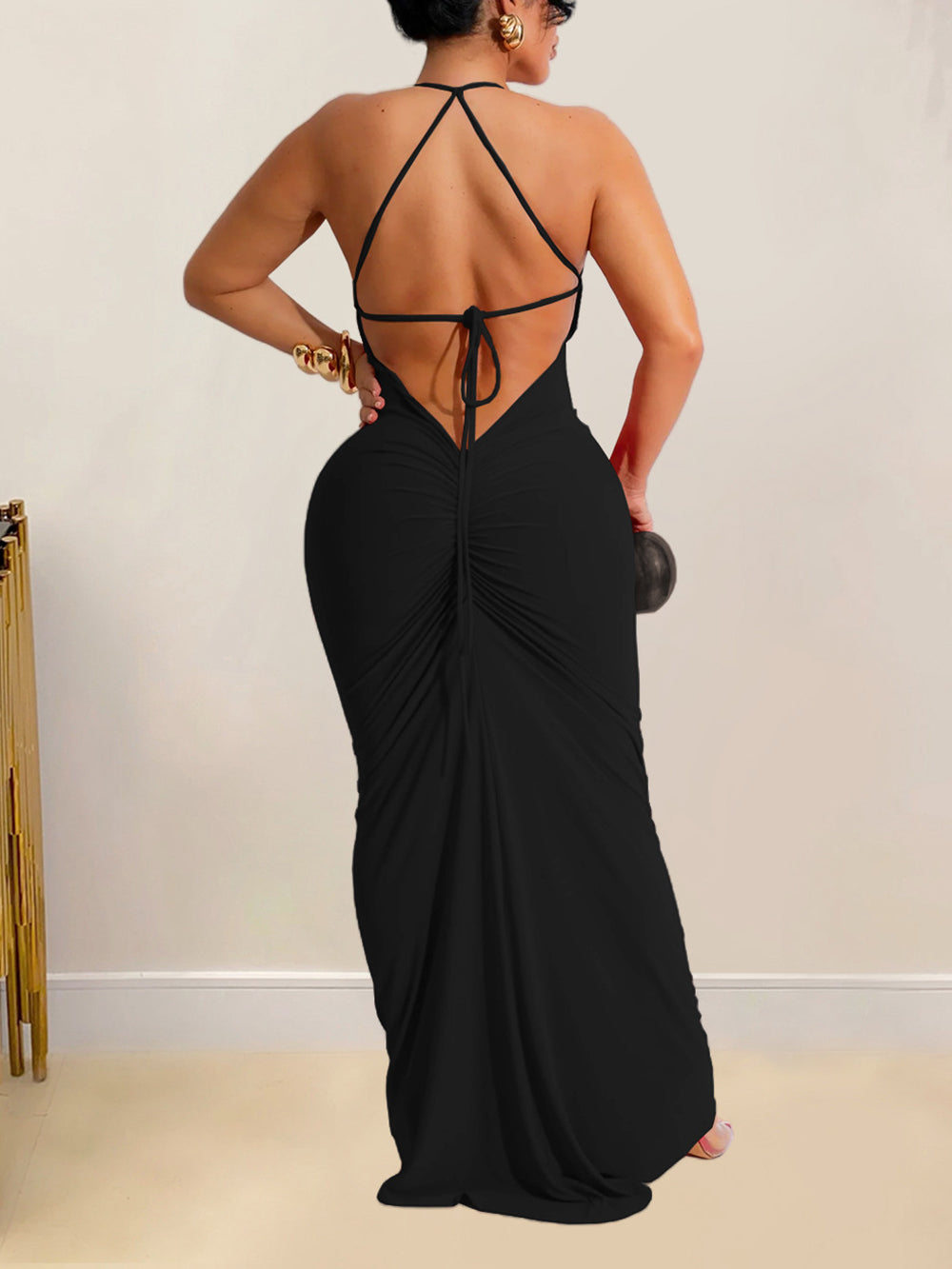 Sexy Halter Backless Hollow out Slim Maxi Dress