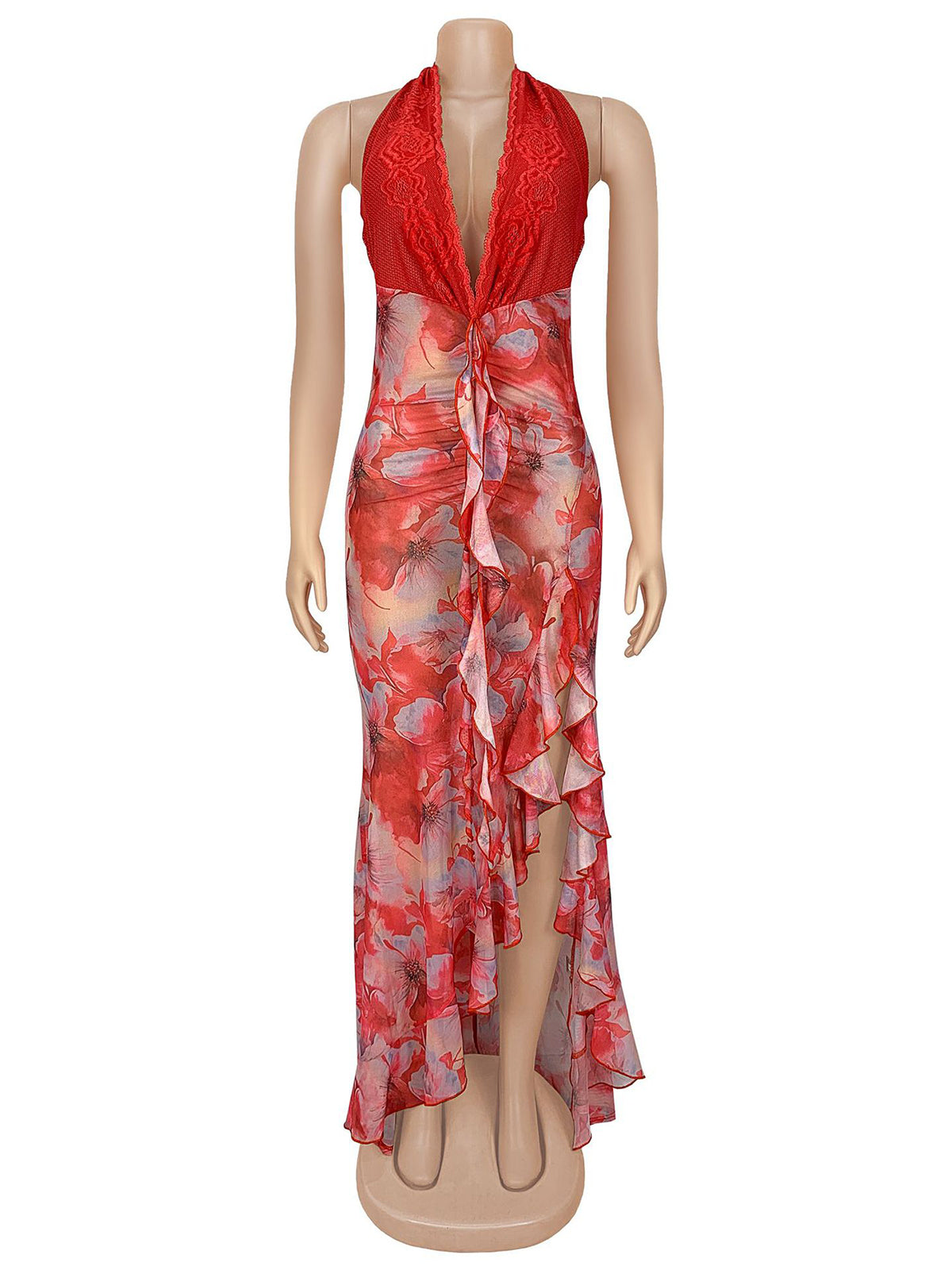 Sexy Deep V Halter Backless Lace-up Ruffle Dress