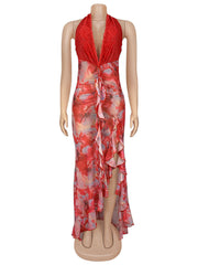 Sexy Deep V Halter Backless Lace-up Ruffle Dress