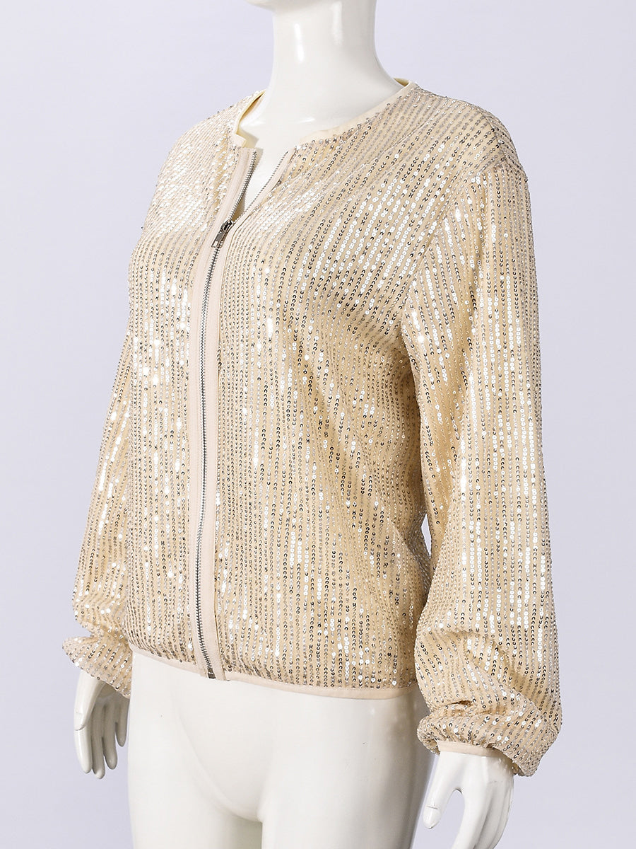 Fashion Long Sleeve Sequin Zip Up Party Jacket