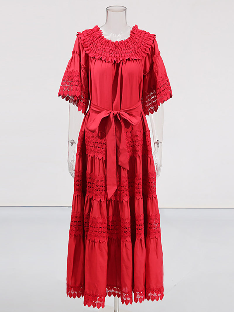 Elegant Embroidery Hollow Out Cinched Waist Maxi Dress