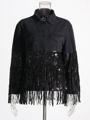 Denim Patchwork Sequin Tassel Jacket