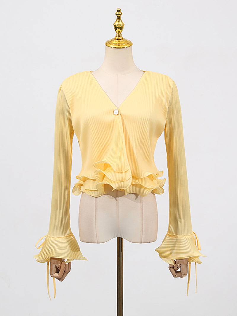 Fashion V Neck Flare Sleeve Ruffle Slim Shirt Top