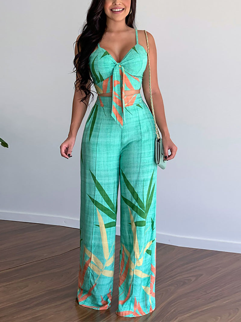 Casual Print Vest Wide-leg Pants Set