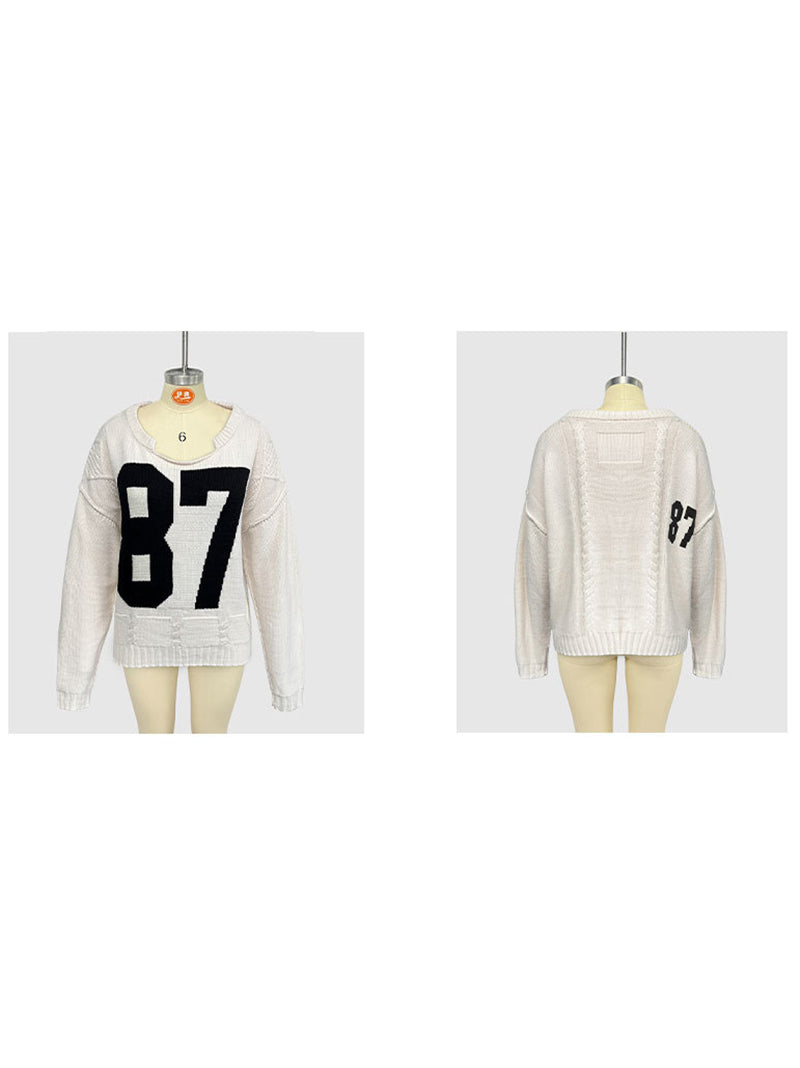 Casual Crew Neck Knit Number Pullover Sweater
