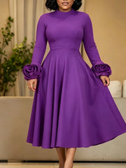 Mock Neck Floral Sleeve A Line Midi Dress