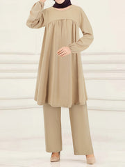 Elegant Solid Long Sleeve Muslim Two Piece Set