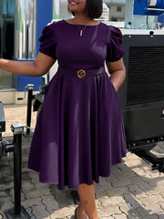 Plus Size Fashion Short Sleeve  Belted Slim Midi Dress