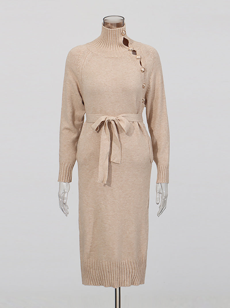 Fashion High Collar Knit Lace-up Slim Midi Dress